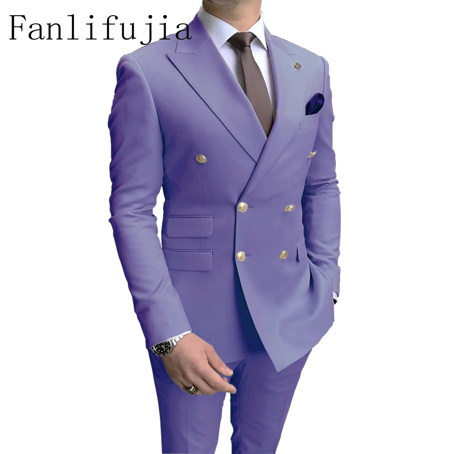 Men's Party Tuxedos 2 Pieces Latest Peak Lapel Men Suits Gold Buttons Fashion Style Suits Double Breasted