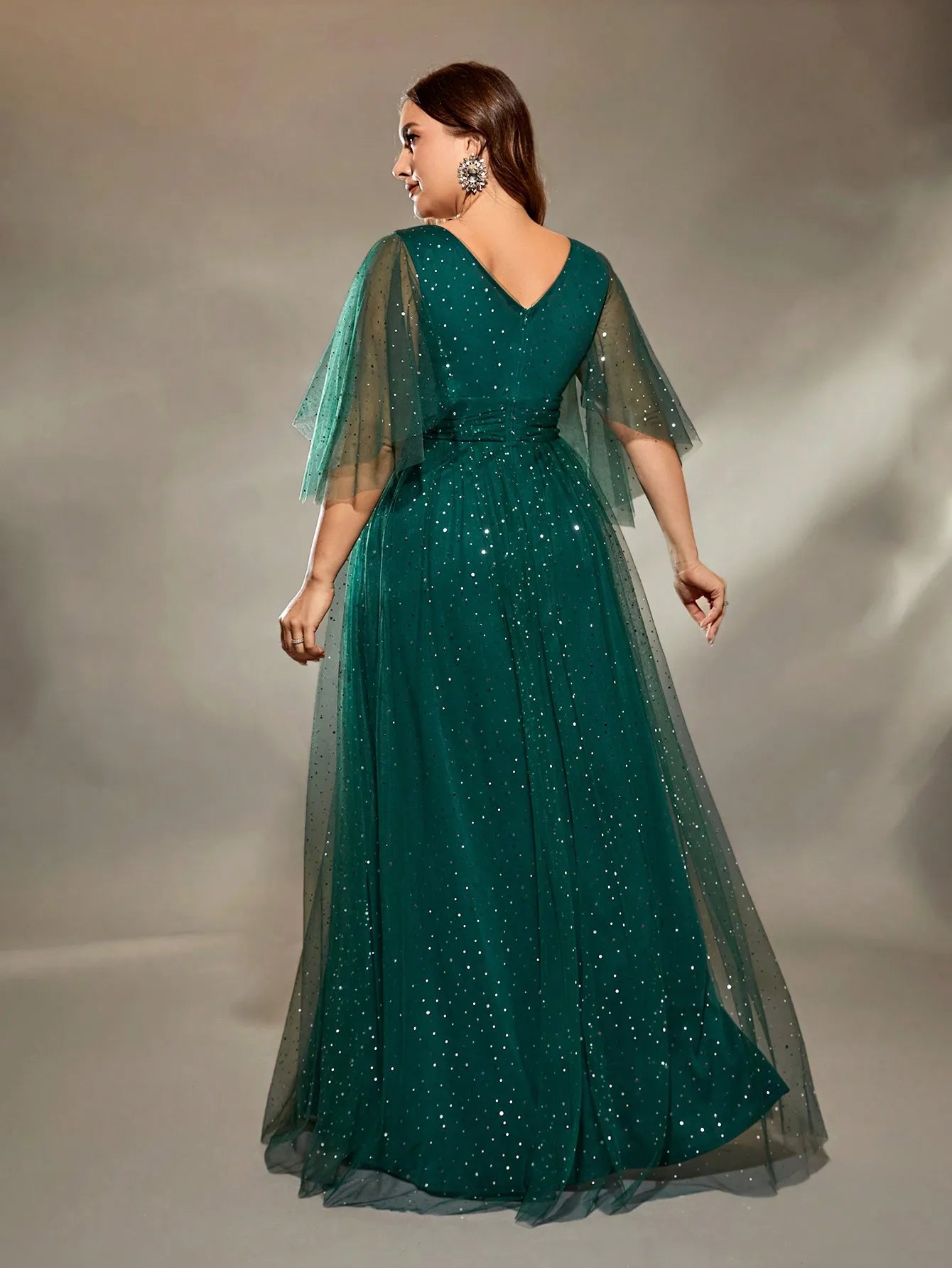 Plus size V-neck cross chest pleats long sleeve fillet netting A full skirt Evening gown Ball dress Prom dress