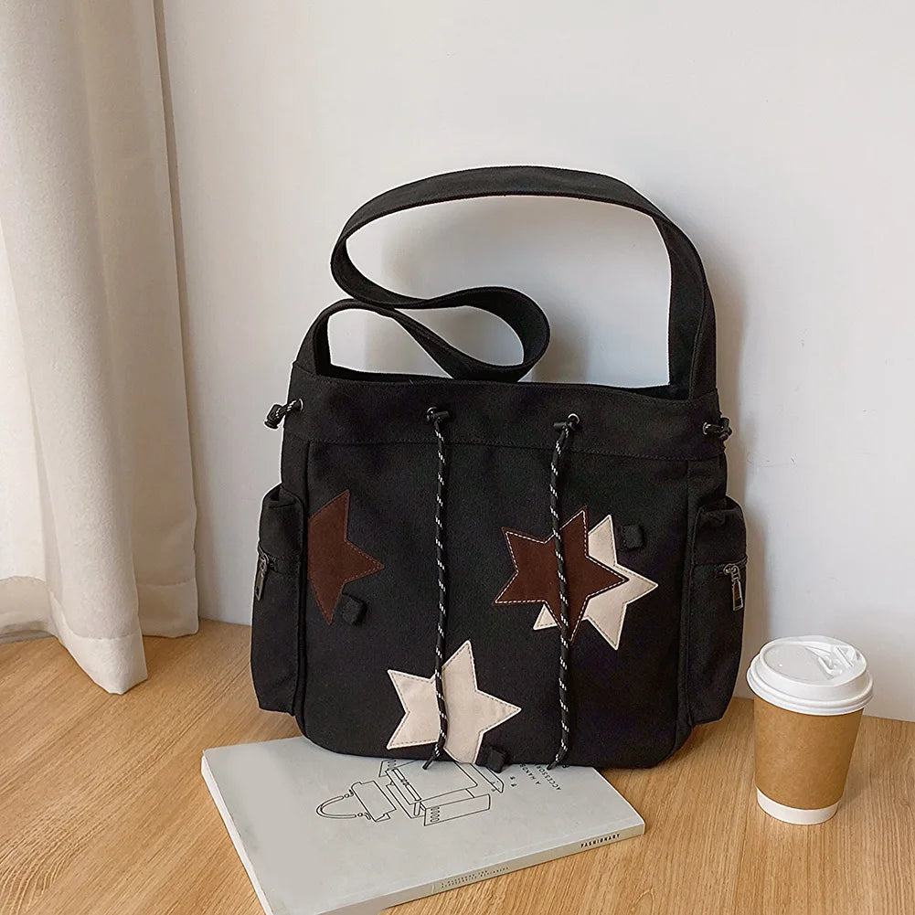 Women Casual Satchel Bag Large Capacity Canvas Star Applique  Street Style School Bag for Teens Students
