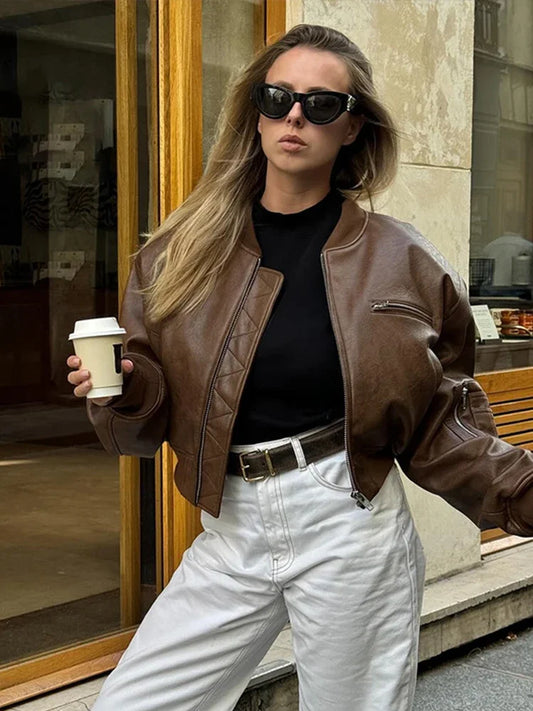 Short Leather Women's Jacket Casual Vintage O-neck  Loose Long Sleeve