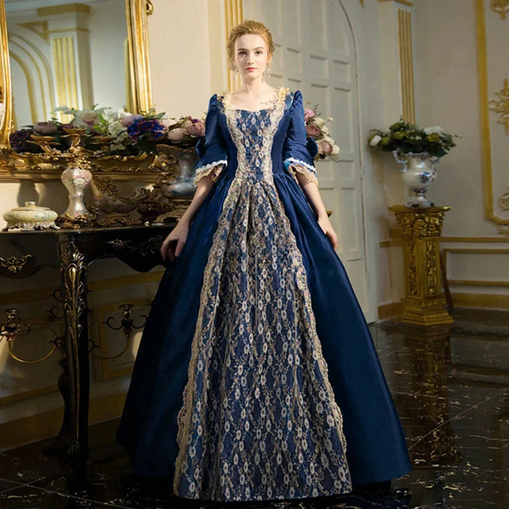 Elegant Temperament Palace Lace Princess Dress Women Medieval Lace Patchwork High Waist Court Dress
