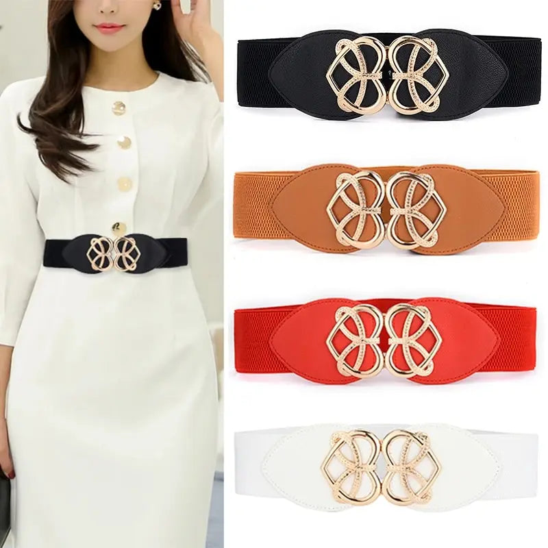 Women's Waist Cover Fashionable Golden Buckle Elastic Waist Closure With Double Hook Buckle Wide Belt