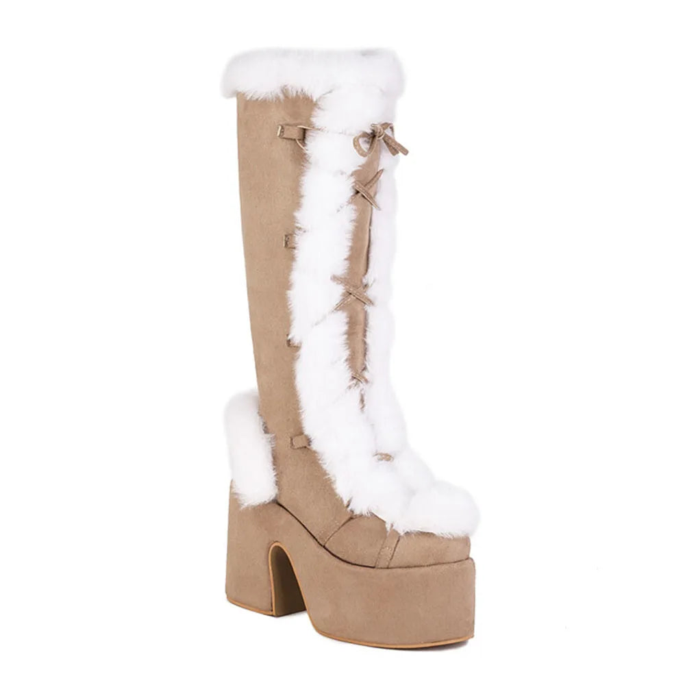 Fur Super Chunky High Heel Platform Mid-Calf Boots  Faux Suede Round Toe Side Zipper