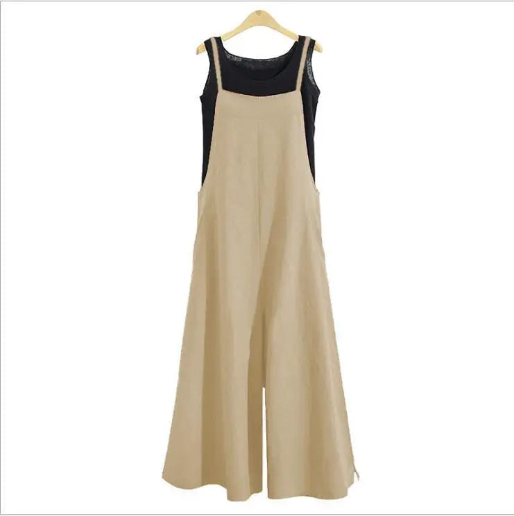 Women's Straps Jumpsuit Summer Solid Color Wide Leg Pants Dungaree Bib Overalls Casual Loose Sleeveless Cotton Linen Jumpsuits