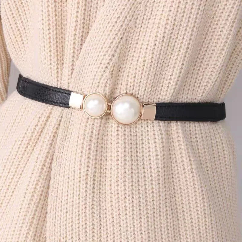 Women's Thin Elastic Belt Decorative Dress Double Pearl Buckle Belt Waistband