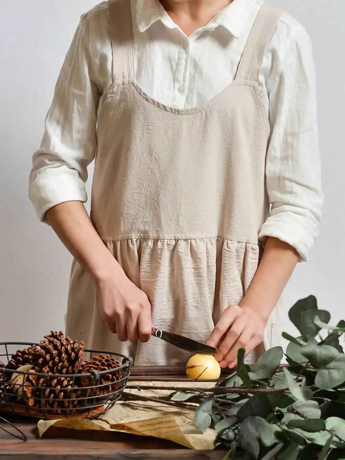 Japanese Linen Aprons for Women with Pockets Cross Back Cute Apron Dress for Gardening Painting Baking and Cooking