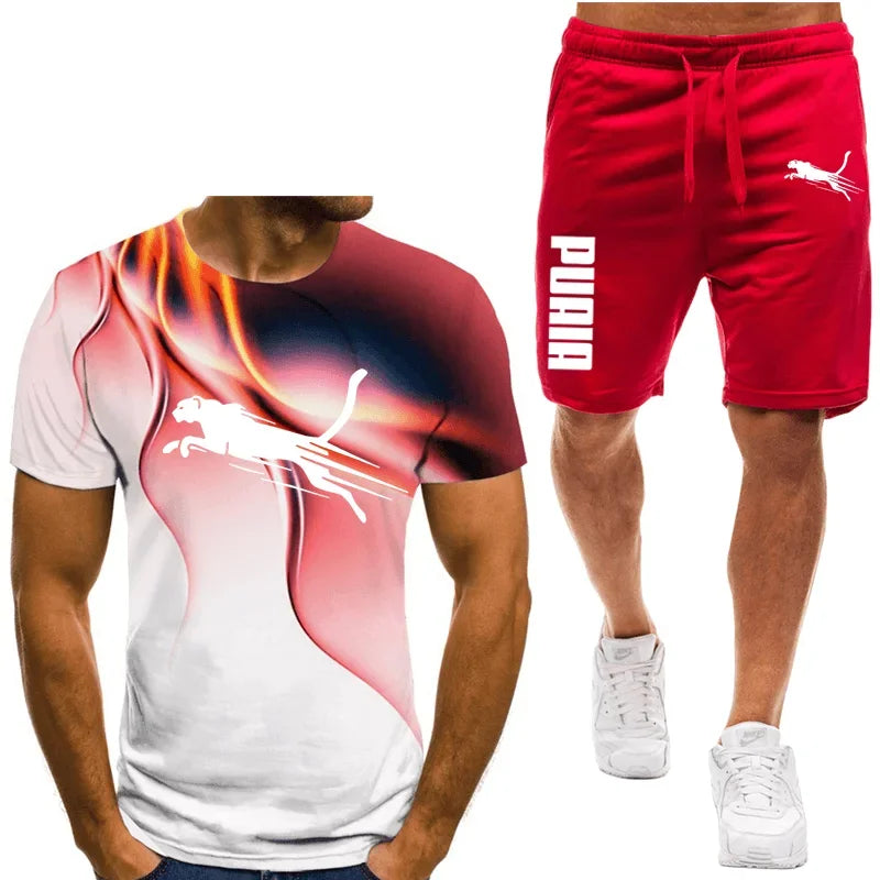Two piece animal pattern printed men's suit summer casual daily men's short sleeved T-shirt outdoor street men's sports shorts