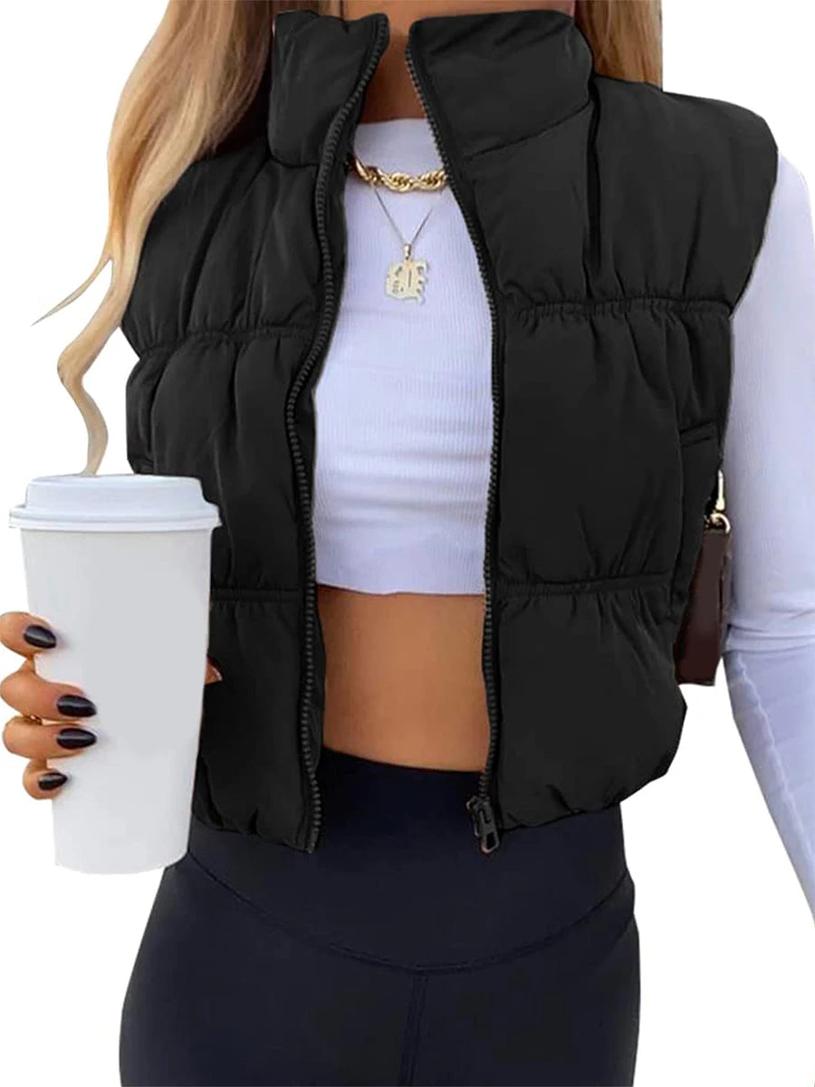 Quilted Waistcoat Solid Color Lightweight Zip Stand Collar Winter Vest Sleeveless Jacket