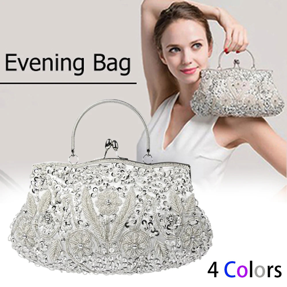 Women's Handbag Floral Designer Evening Bag Beaded Sequin Design Vintage Kissing Lock Satin Purse Bag Wedding Party Clutch Bags