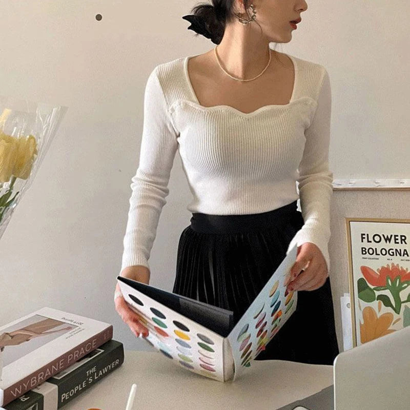 Knitted Pullovers Women Vintage Solid Sweaters Elegant Knitwear Square Collar All Match Jumpers