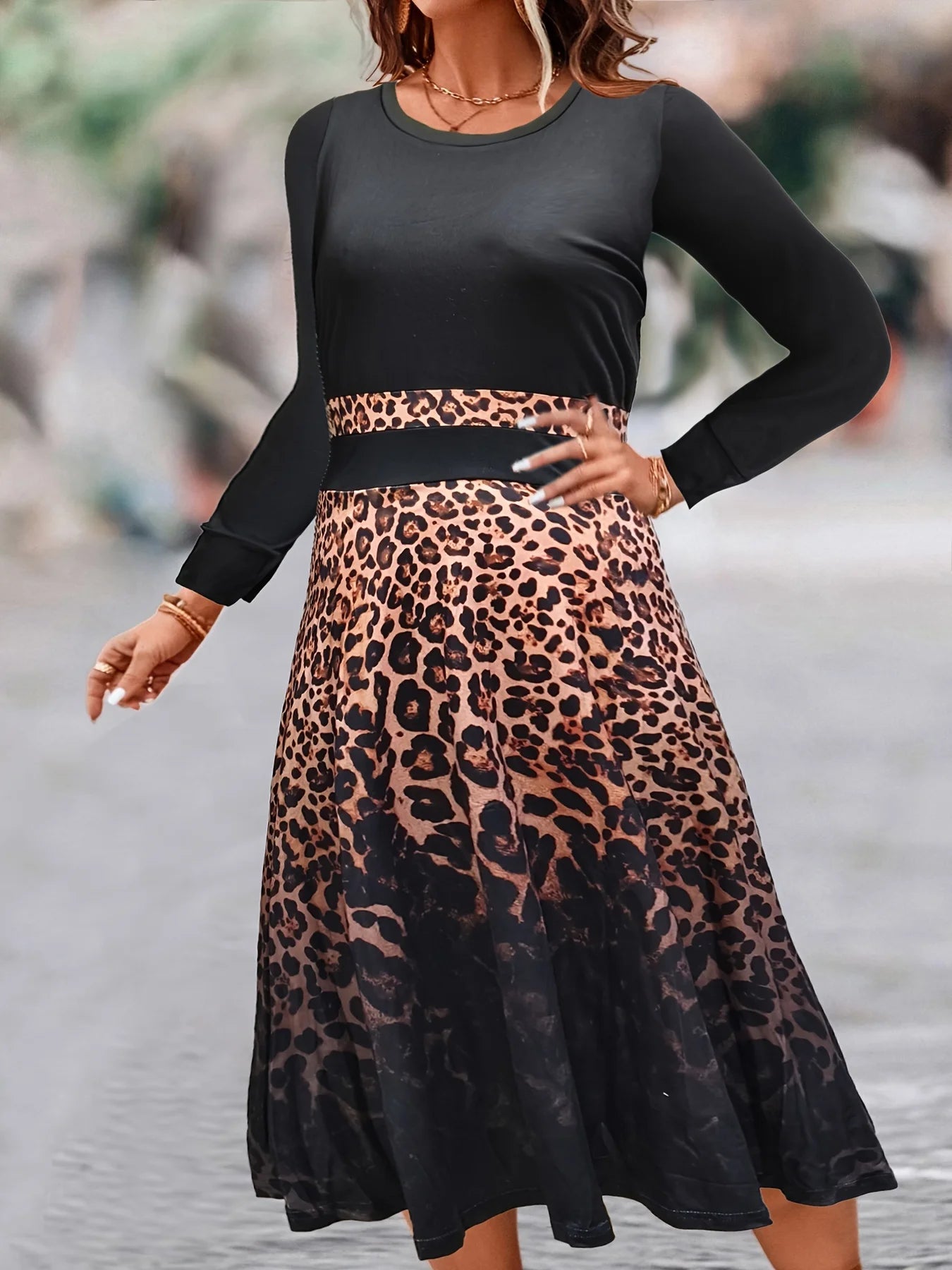 Leopard print Long Sleeve Dress Belted