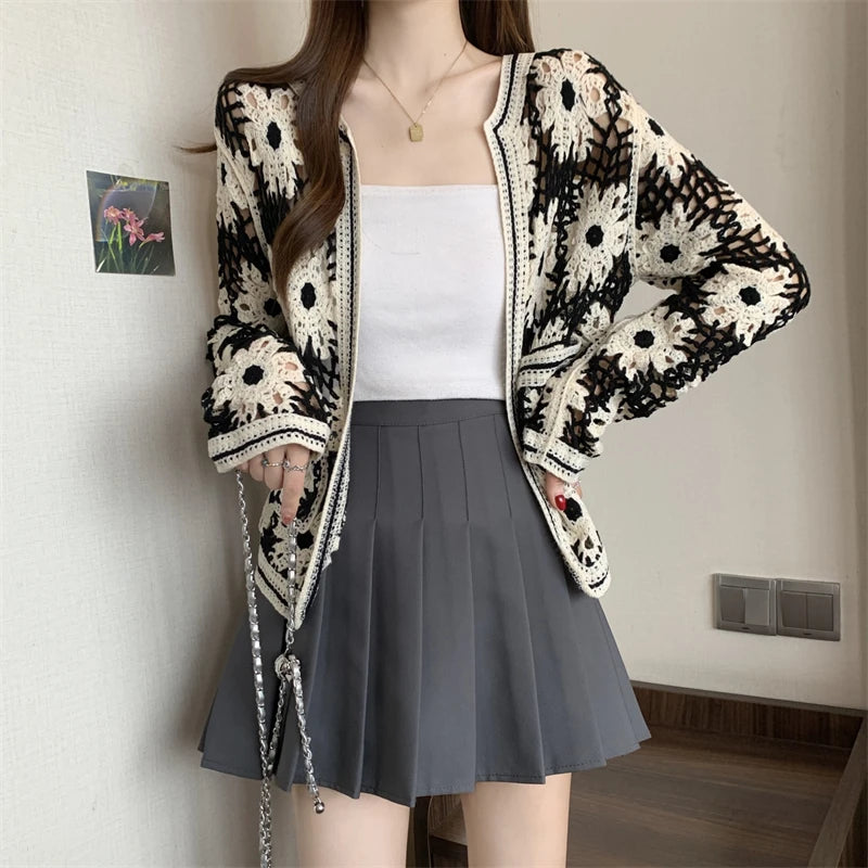 Daisy Crochet Cardigan for Women Openwork Long Sleeve Open Front Knitted Jacket Vintage Festival Outfit