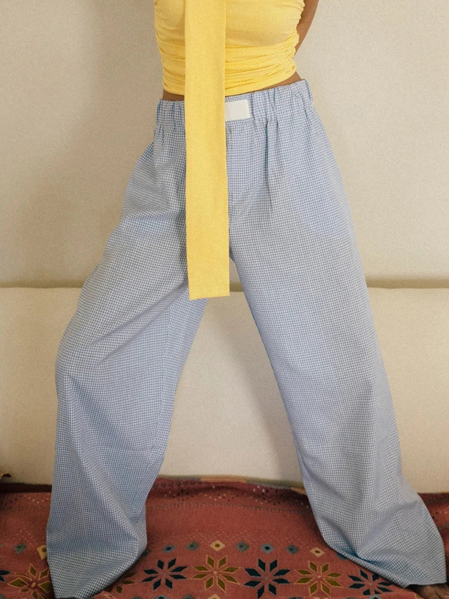 Women s Casual High Waist Wide Leg Palazzo Pants with Drawstring Elastic Waistband and Stylish Plaid Print