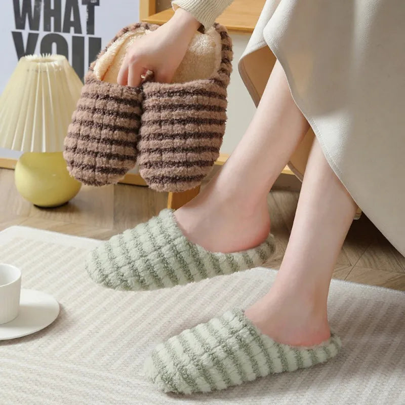 1 Pair Striped Silent Japanese Style Indoor Soft Bottom Anti Slip Cotton Slippers, Winter Insulation Durable Home Cotton Slipper