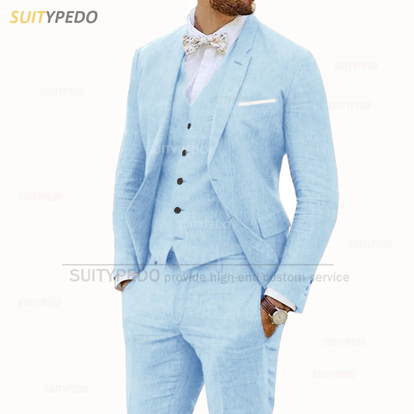 Linen Suits for Men 3 Pieces Casual Slim Fit Suit Blazer Vest Pants Set Formal Prom Wedding Tuxedos for Groomsmen Best Man