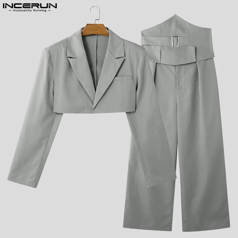 Fashion Casual Style Sets  Men's Cropped Waistband Design Suit Wide Leg Long Pant Handsome Male Solid Suit 2 Pieces