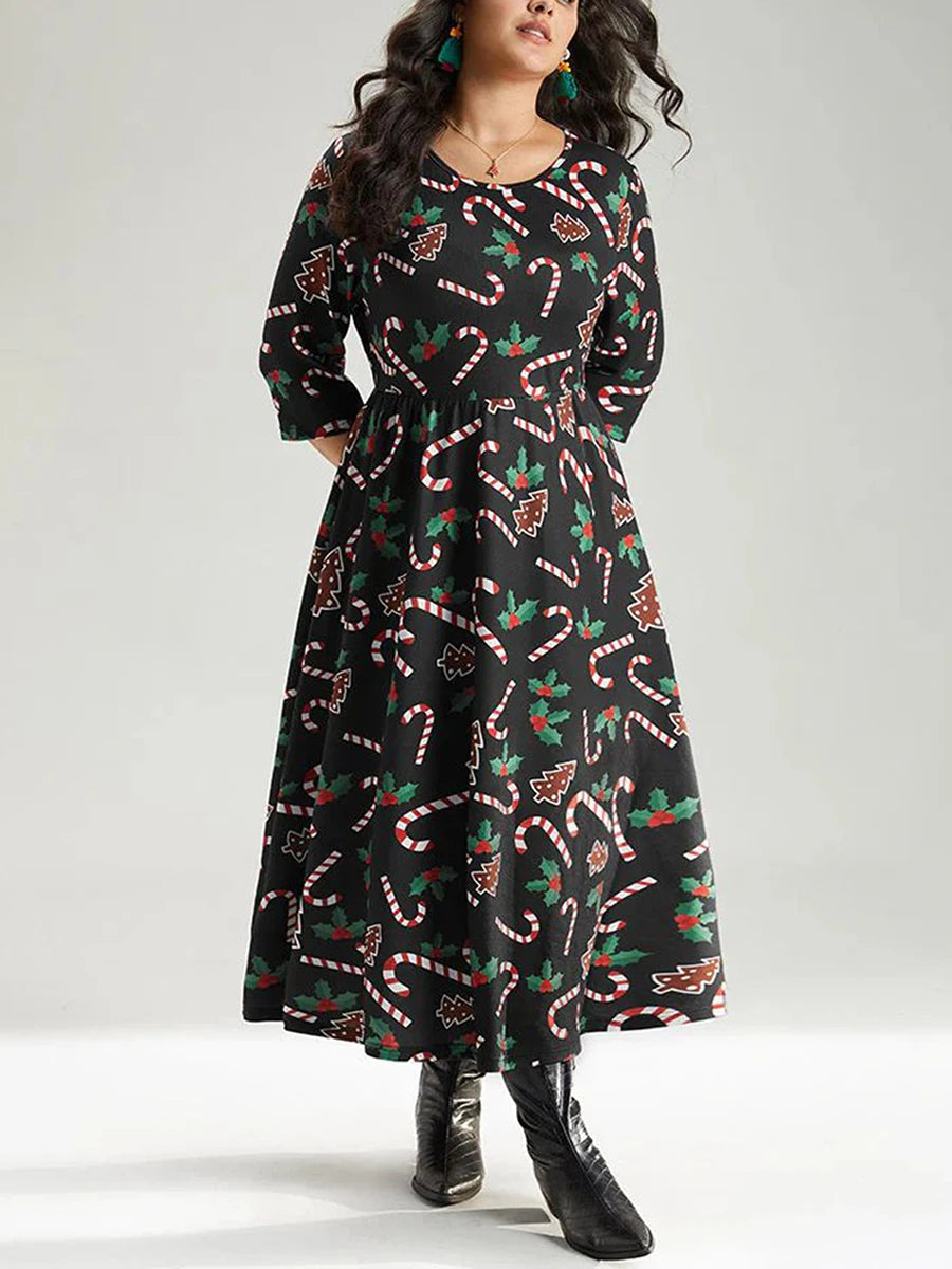 Women Plus Size Dress Candy Cane Print O-Neck  3/4 Sleeve Maxi Dress Winter Elegant Christmas Party Dress for Curvy Ladies