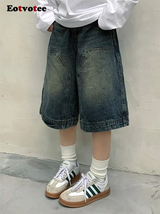 Fashion Vintage Jeans for Women Casual Blue Loose Button Fly Shorts  Straight Pants