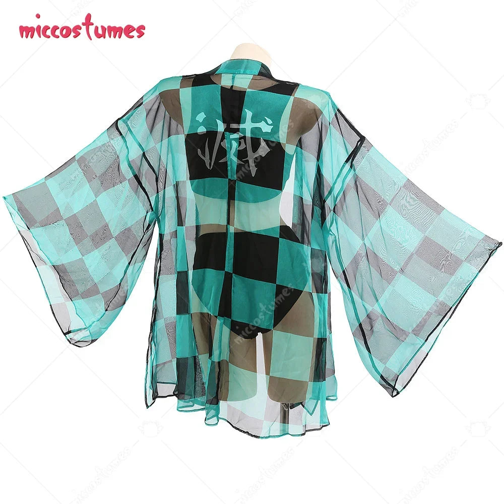 Two Piece  Swimsuit V Neck High Waist Lace Up Bathing Suit Swimwear Kimono Cover Up