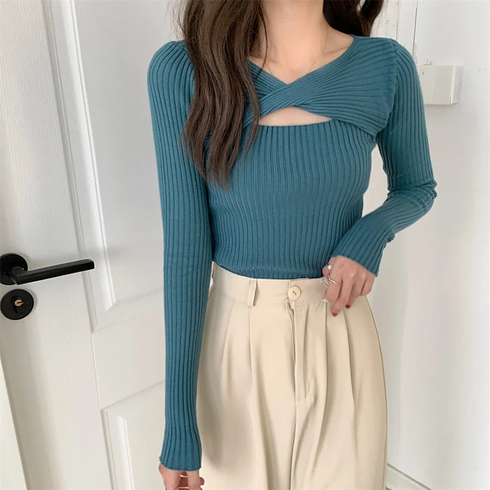 Women Sweater Chic Cashmere Pullovers Women Long-sleeved Knitted Streetwear Jumpers Solid Sweater