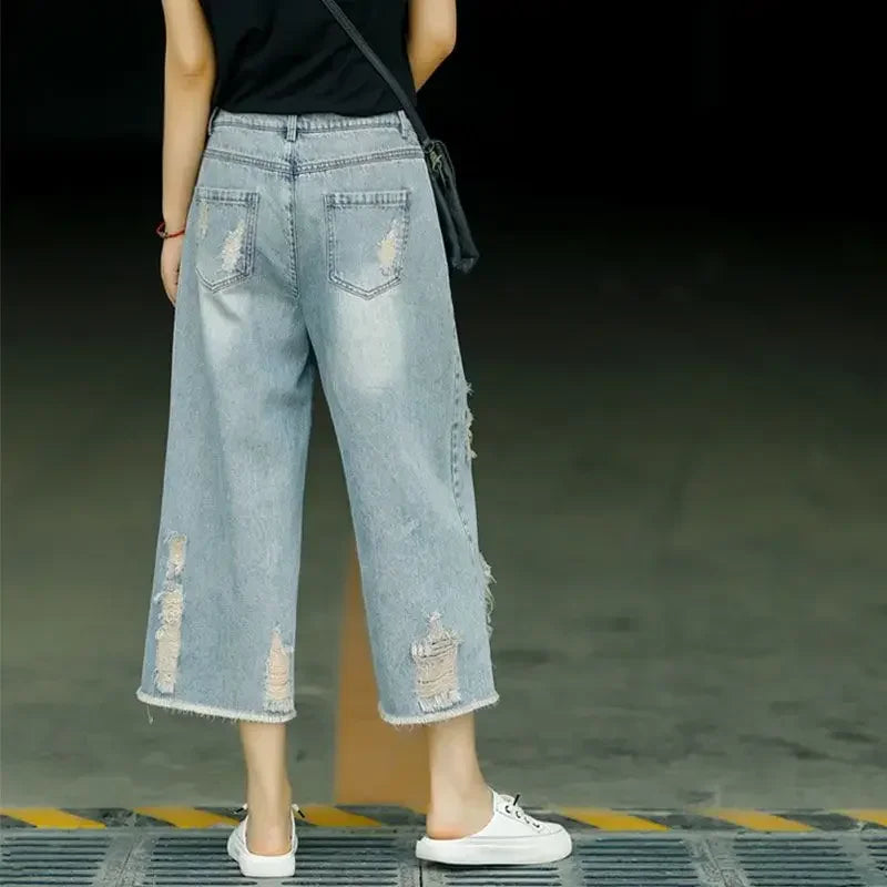 Capri Jeans Woman Ripped Jean Summer Clothes Baggy Capri Pants Wide Leg Denim High Waist Loose