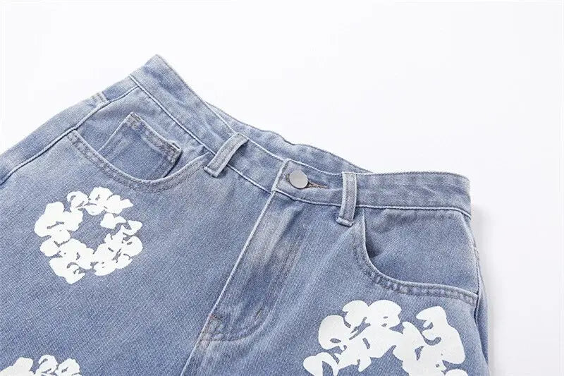 Women Jeans Denim Pants Fall Winter Casual Aesthetic Flower Print Jeans  High Waist Fashion