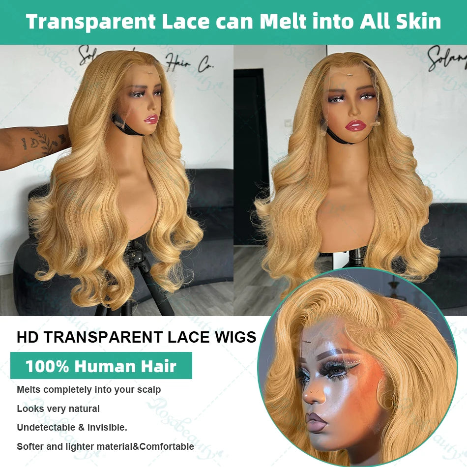 30 34 Inch #27 Honey Blonde Body Wave Wig Brazilian 13x4 Lace Front Human Hair 13x6 HD Transparent Lace