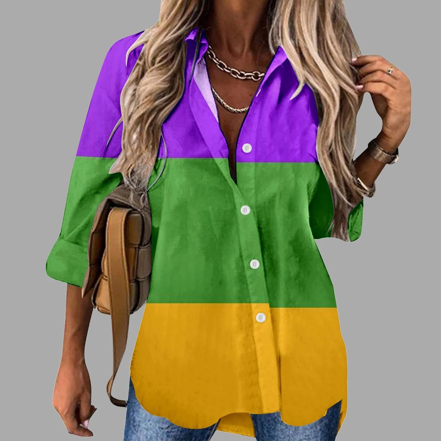 Mardi Gras Women V Neck Shirts Button Long Sleeve Carnival Print Tops Female Blouses Loose