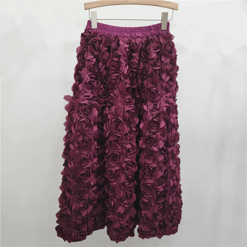Three Dimensional Flower Mid-calf  High Waist Big Swing  A-line Skirt