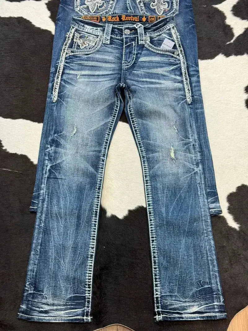 Jeans Leaf Booties American Street Retro Embroidery Loose Casual Jeans High Waist Wide Leg Washed Street Casual Pants