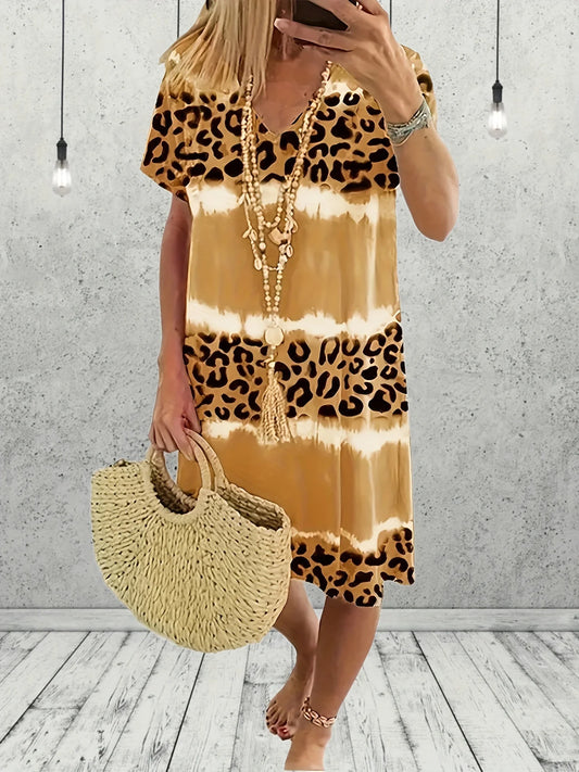 Leopard Print Bohemian Dress Casual Short Sleeve Dress