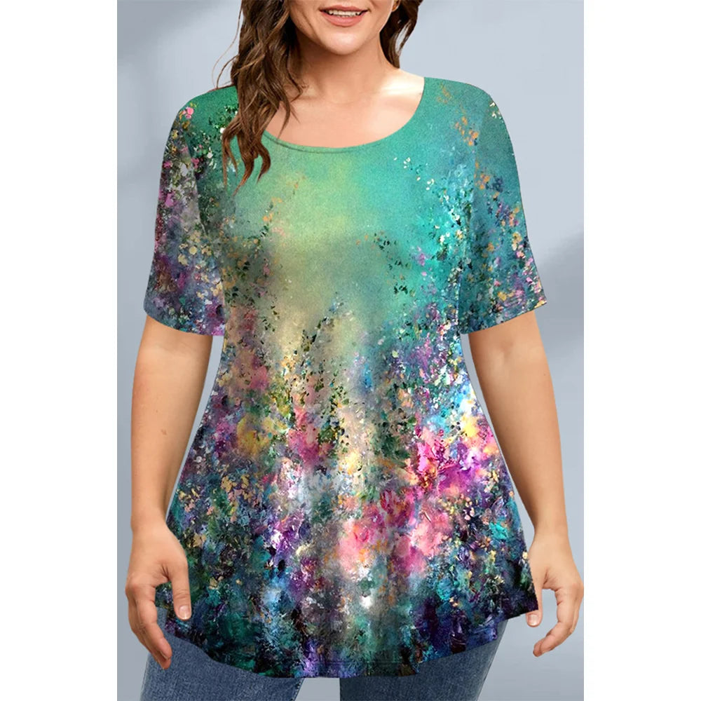 Women's T-Shirts Spring Clothing Floral Graphic O-Neck Pullovers Short Sleeve Tops Streetwear Oversized Apparel Ladies