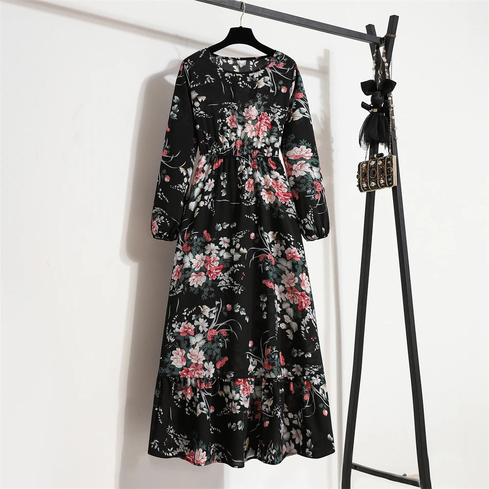 Spring Summer Women Maxi Dresses Casual Full Sleeve Floral Printed O-neck Woman Boho Beach Party Long Dress