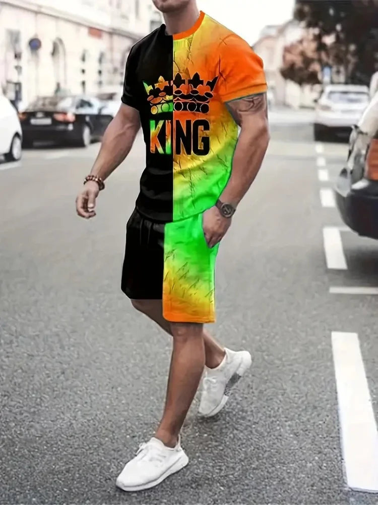 Hip Hop Style Personality Cartoon 3D Printed Men's Round Neck Short Sleeve 2 piece Fashionable Street Sports All-match Men's Suit