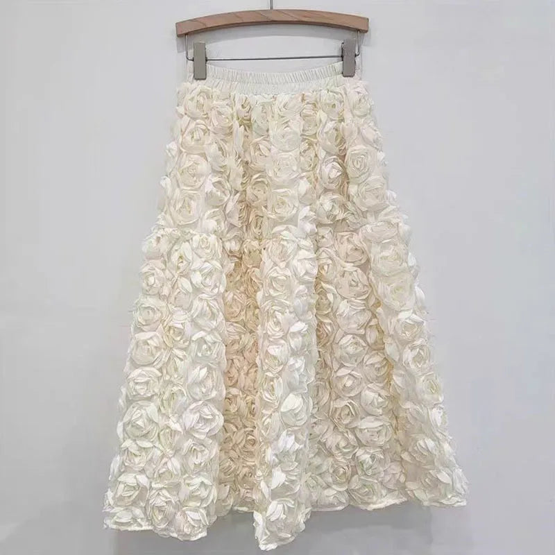 Three Dimensional Flower Mid-calf  High Waist Big Swing  A-line Skirt