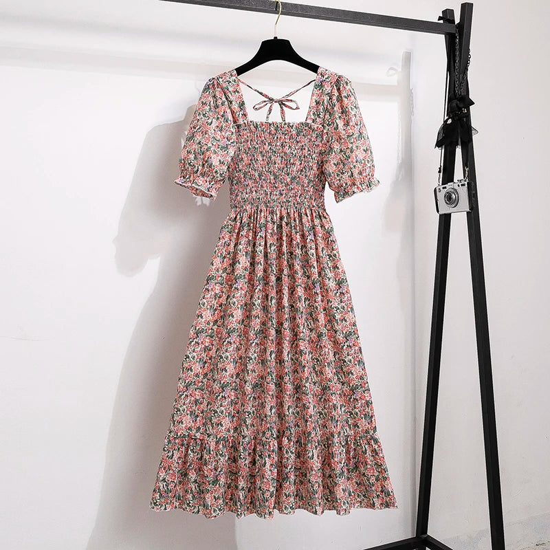Chiffon Dresses Fashion Female Elastic Waist Short Sleeve Pleated Casual Dress Women A-line Dresses