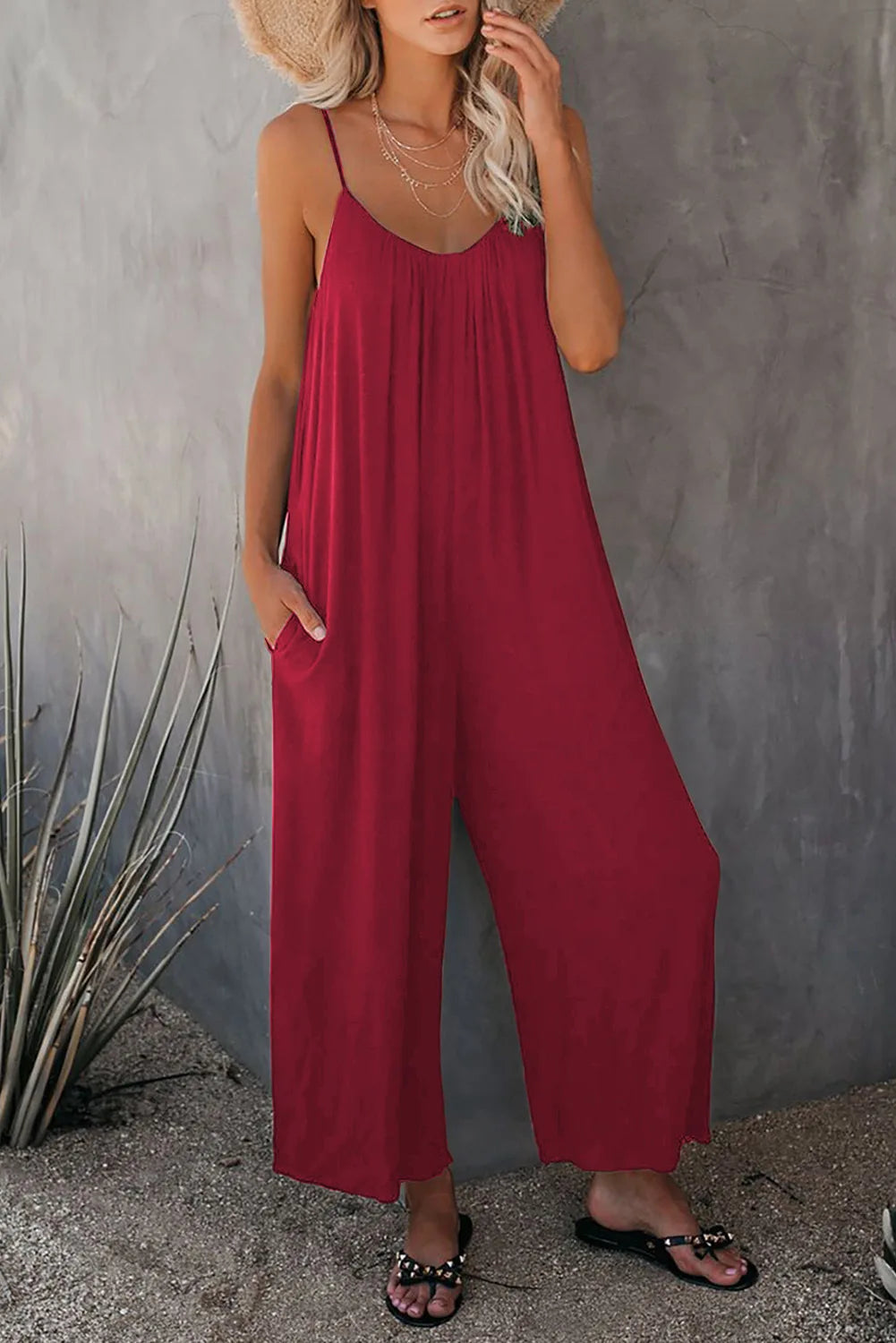 European and American Suspender  Women's Summer Foreign Trade Solid Color Pocket Casual Jumpsuit