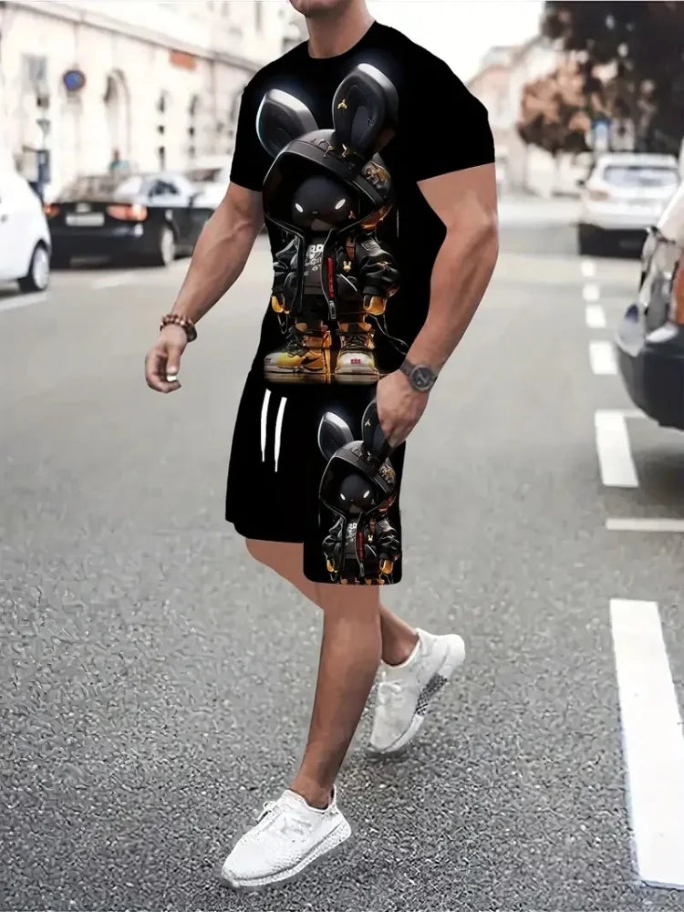 Hip Hop Style Personality Cartoon 3D Printed Men's Round Neck Short Sleeve 2 piece Fashionable Street Sports All-match Men's Suit