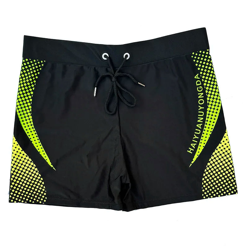 European size Geometric Graphic And Letter Print Men's Swim Trunks With Drawstring, Quick Dry And Stretchable Shorts For Summer