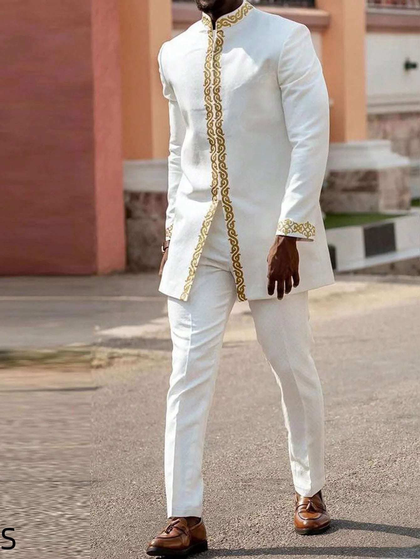Men's  Wedding 2-Piece Suit Waist Pants Shirt Solid Color Panel Long Sleeve Party African Ethnic Style Clothing