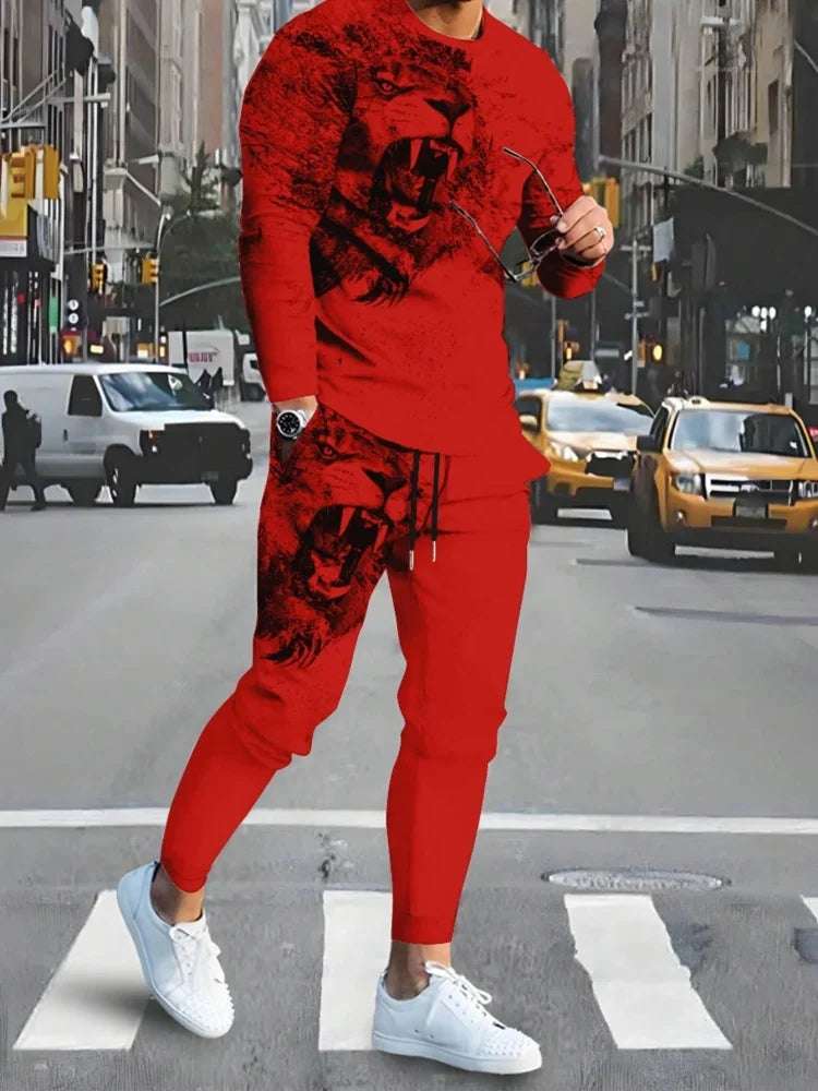 Simple Geometric Print Men's Fall Fashion Casual Crew-neck Tops And Pants Urban Street Fashion Trends Men's Tops And Long Styles