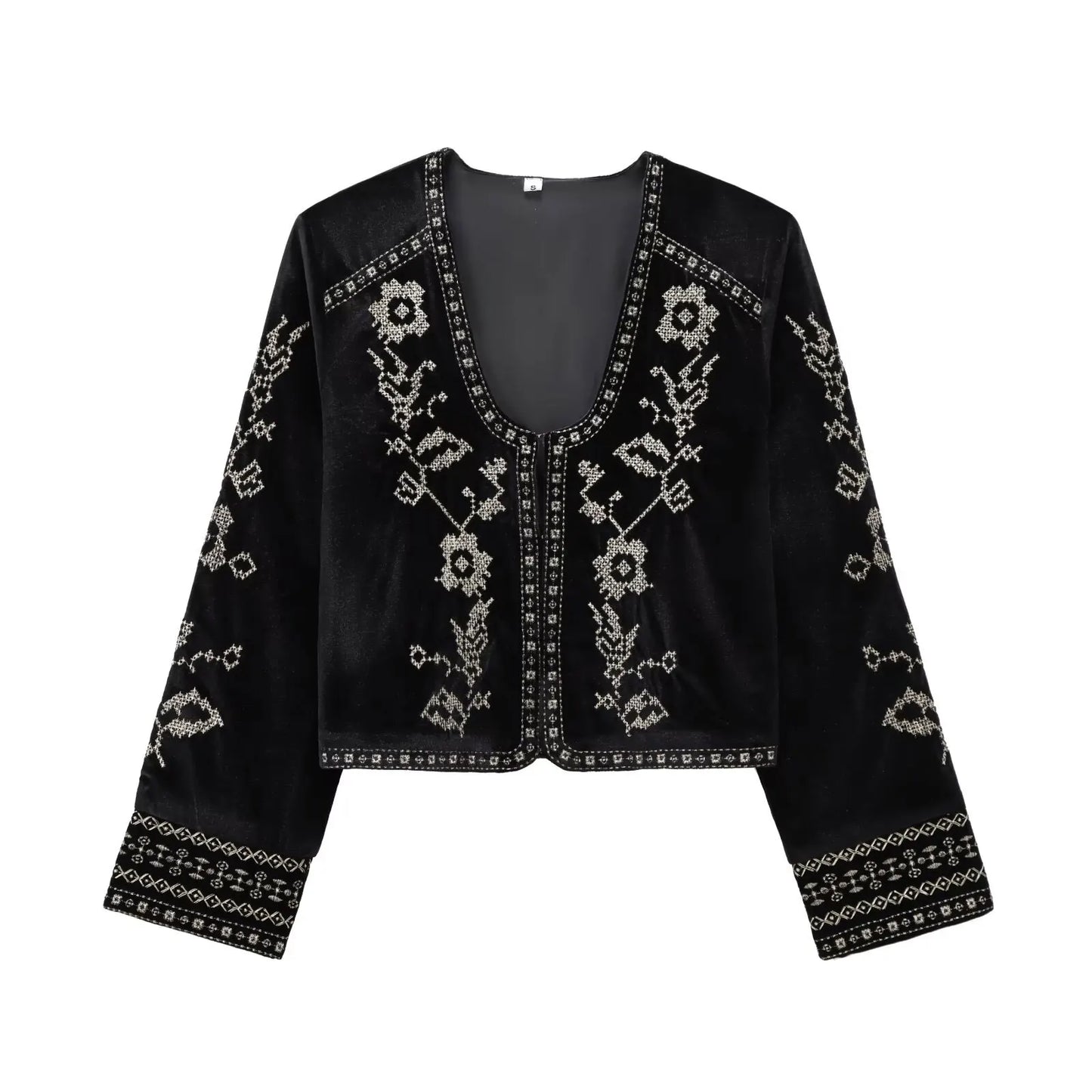 Women's Vintage Velvet Embroidered Jackets For Casual Long Sleeves Hidden Button Round Neck Elegant Outerwear