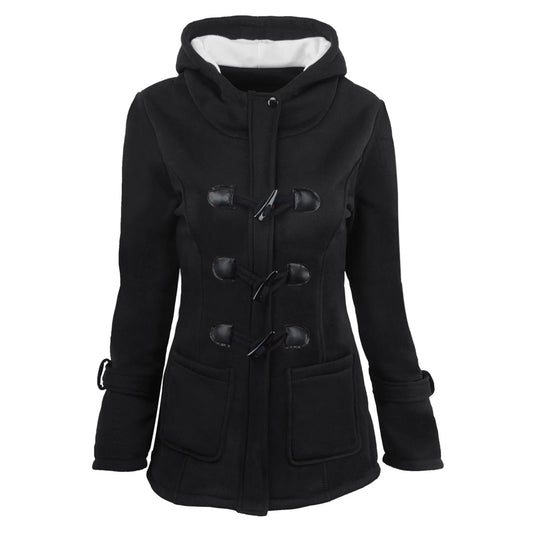 Padded Women Solid Color Hooded Overcoat  Horn Buttons Warm Cardigan Overcoat Jacket
