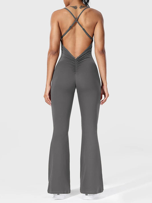 Elegant V-Neck Sleeveless Jumpsuits Women High Waist Wide Leg Pants  Backless Cross Strap
