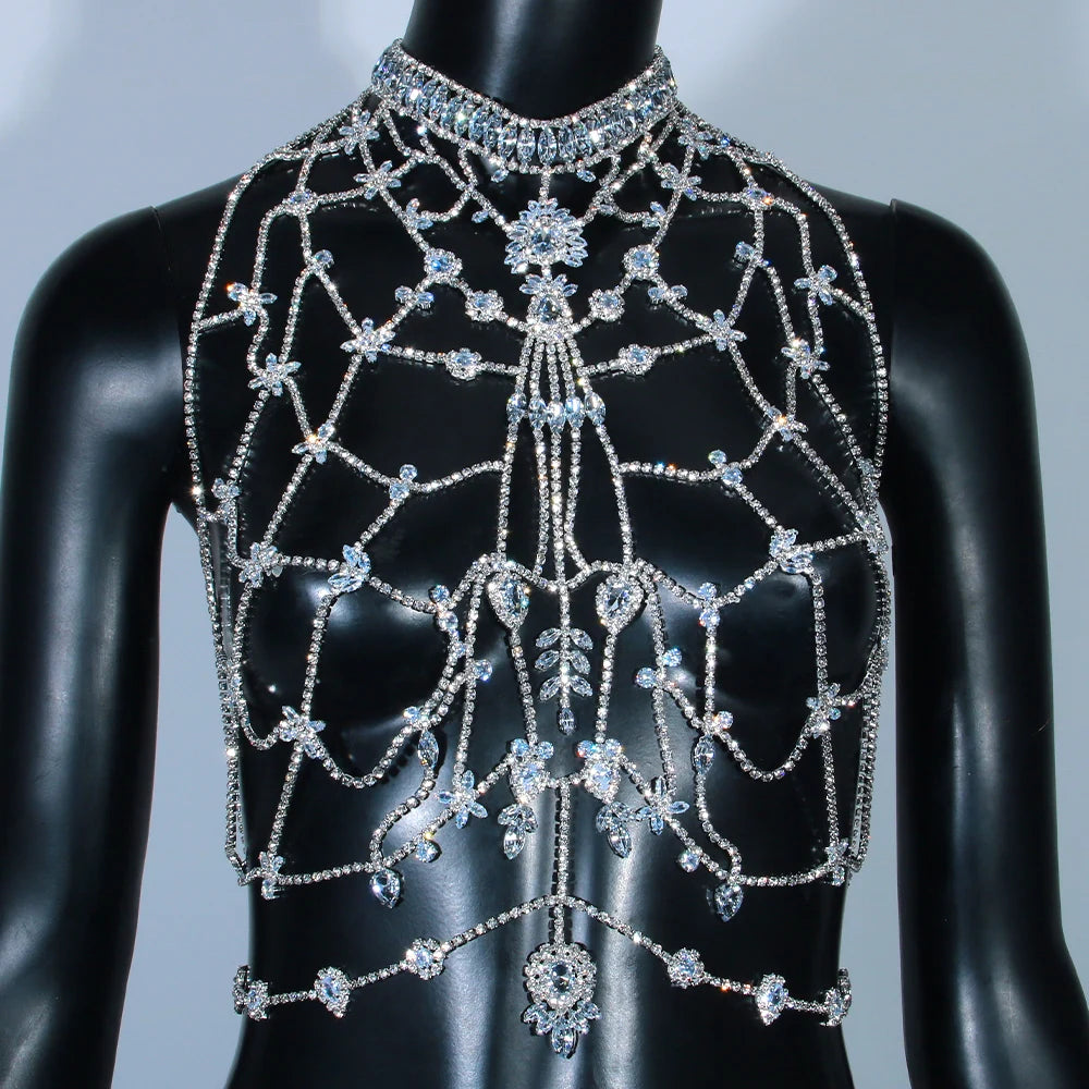 Hollow Sleeveless Crystal Body Chain Bra Beach Accessories Festival Jewelry Rhinestone Lingerie Harness