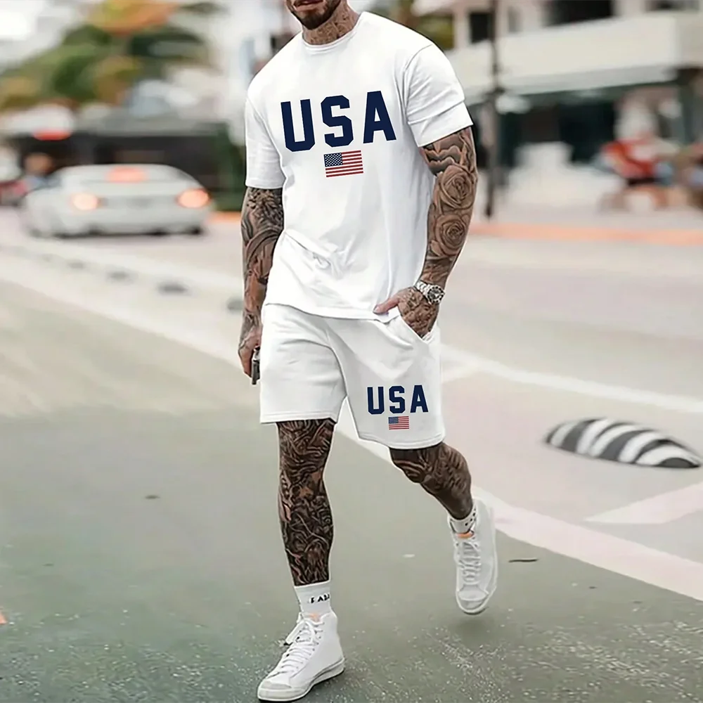 Men's Outdoor  Print Shorts 2Pcs Sets  3D Print Two Piece Suit O-neck T shirt Fashion Male