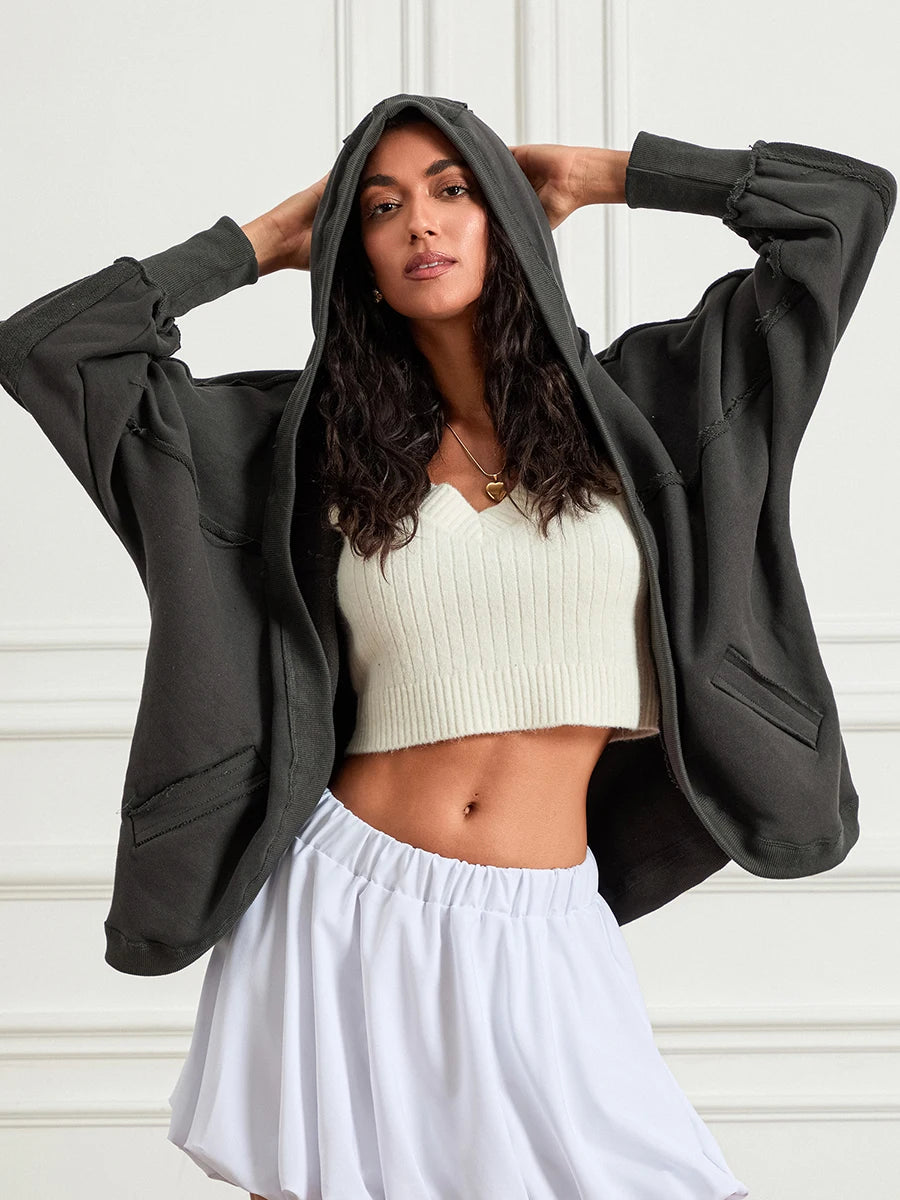 Oversized Hoodies Plain Color Long Sleeve Open Front Hooded Sweatshirts