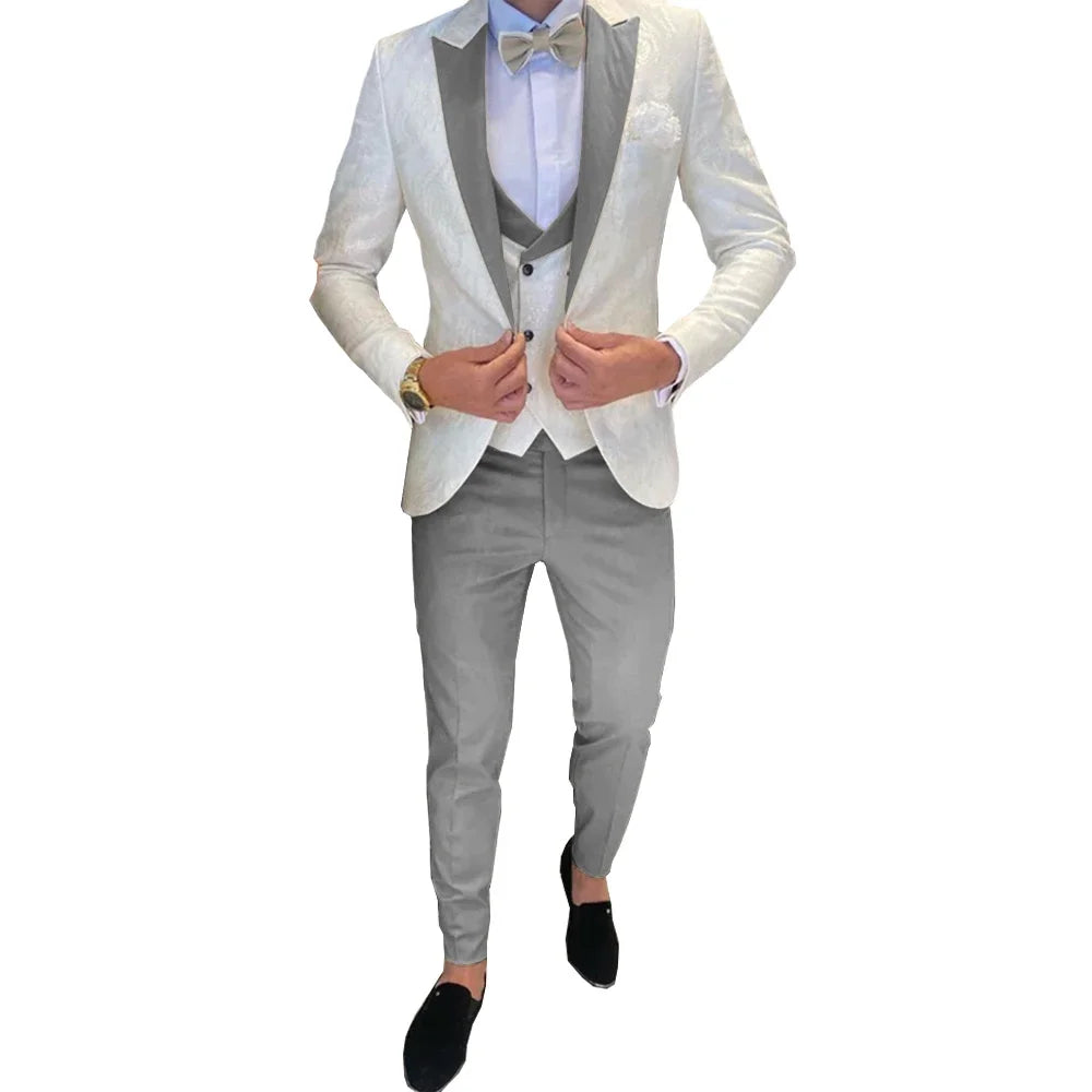 Ivory Men's Wedding Groom Suit 3 Piece Jacket Pants Vest Formal Tuxedo Elegant Men's Custom Suit  Bow tie not Included