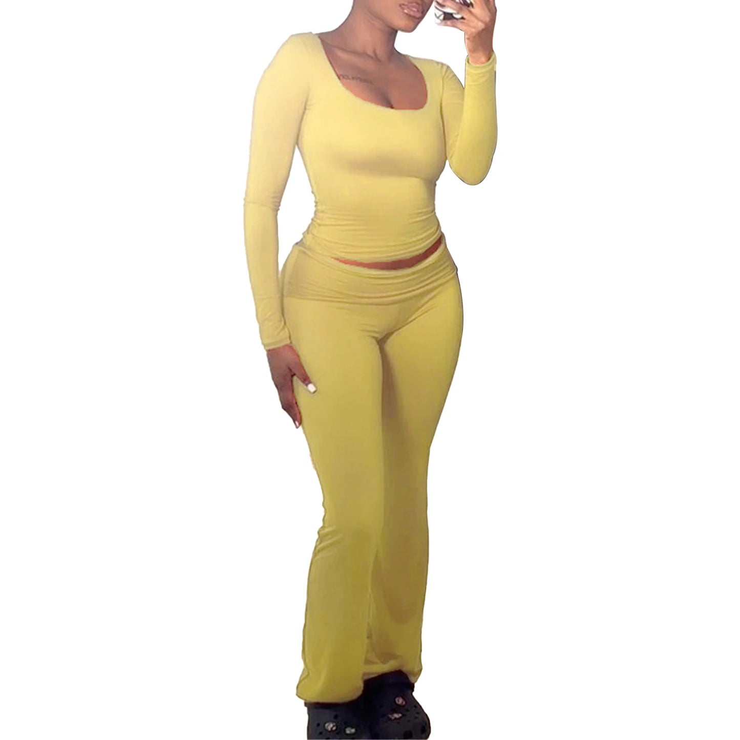 Elegant Women's Solid Color Two-Piece Set with Square Neck Long Sleeve Top and  Fit Long Pants for Stylish Loungewear