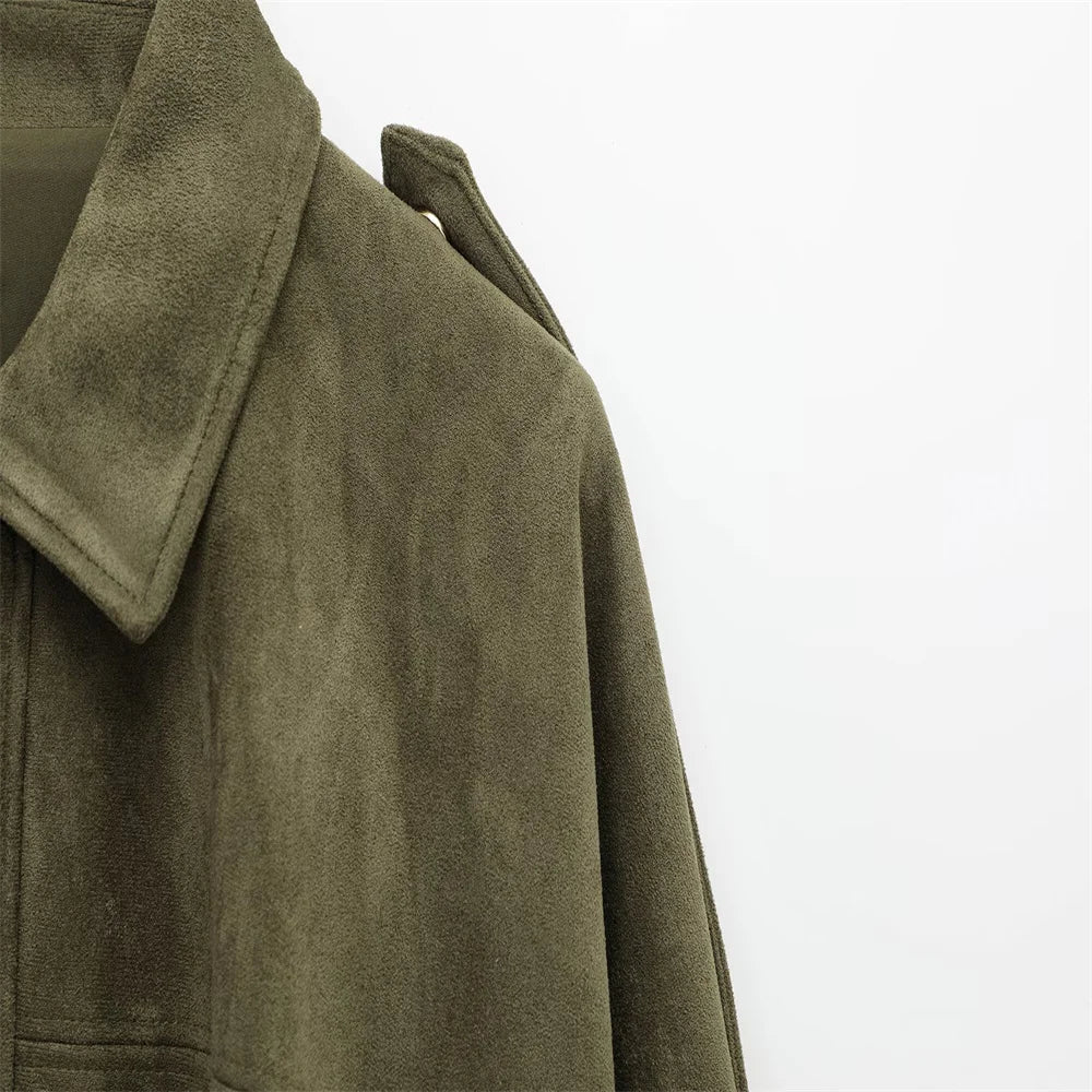 Women Faux Suede Collared Jacket with Shoulder Straps Loose Fit Stylish Olive Green